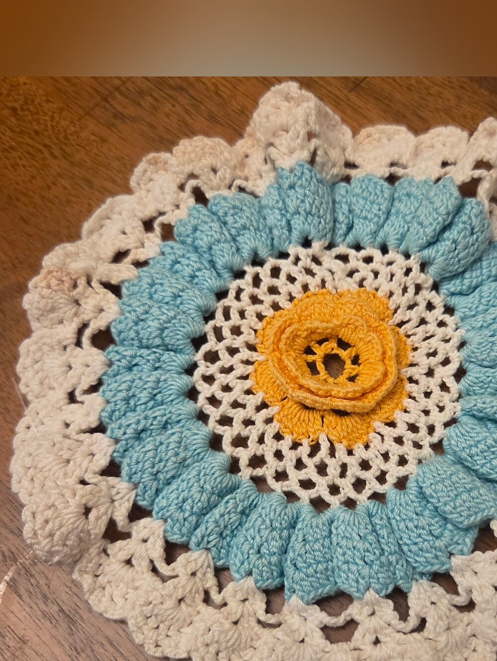 Vintage Handmade Crochet Doily 7” 3D Floral Blue Yellow Cottagecore Grandmacore